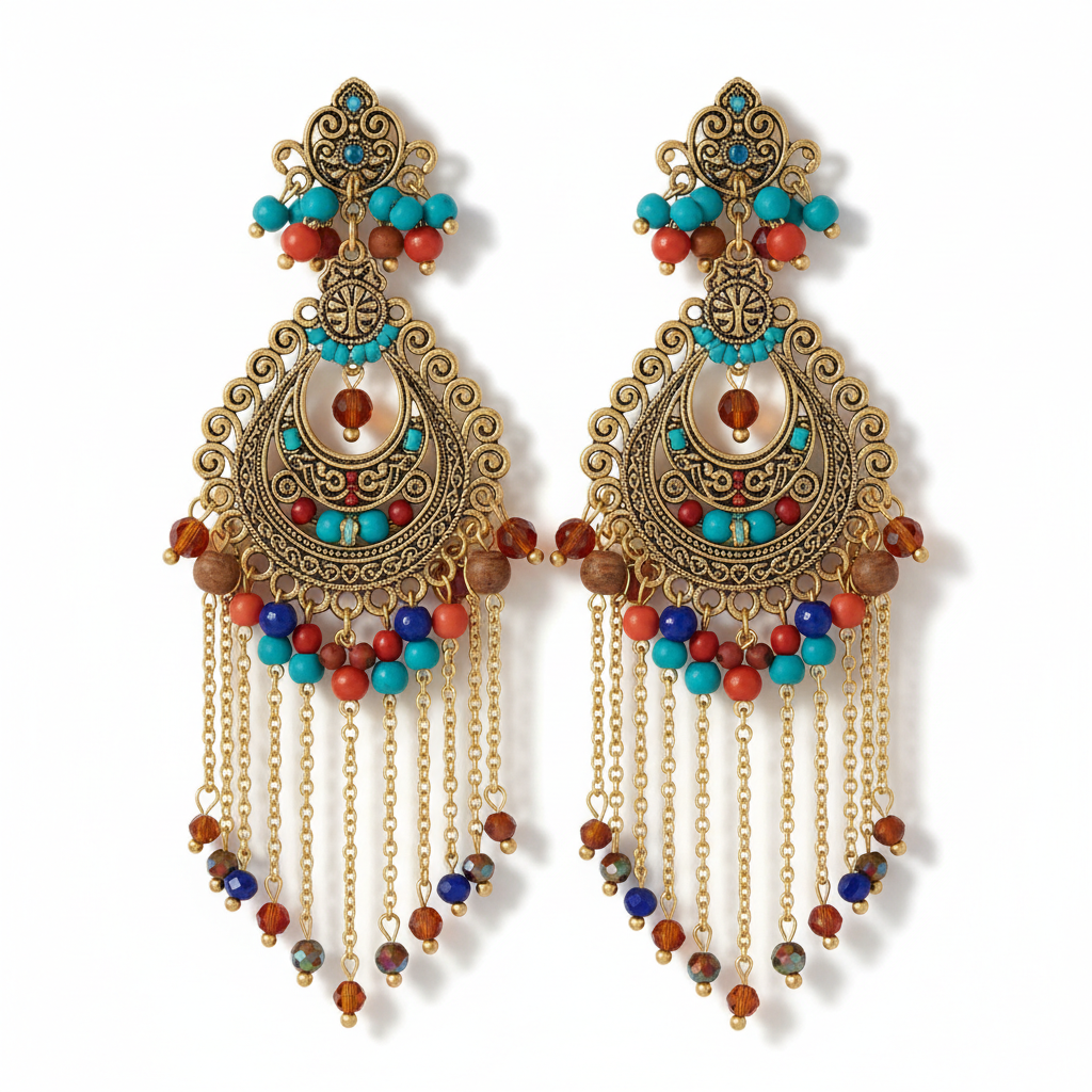 Handcrafted ethnic earrings with colorful beads and gold metal work