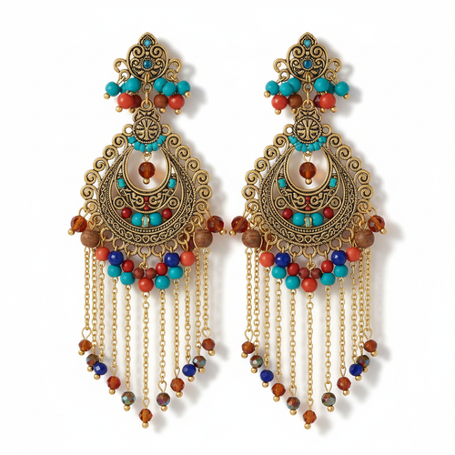 Handcrafted ethnic earrings with colorful beads and gold metal work