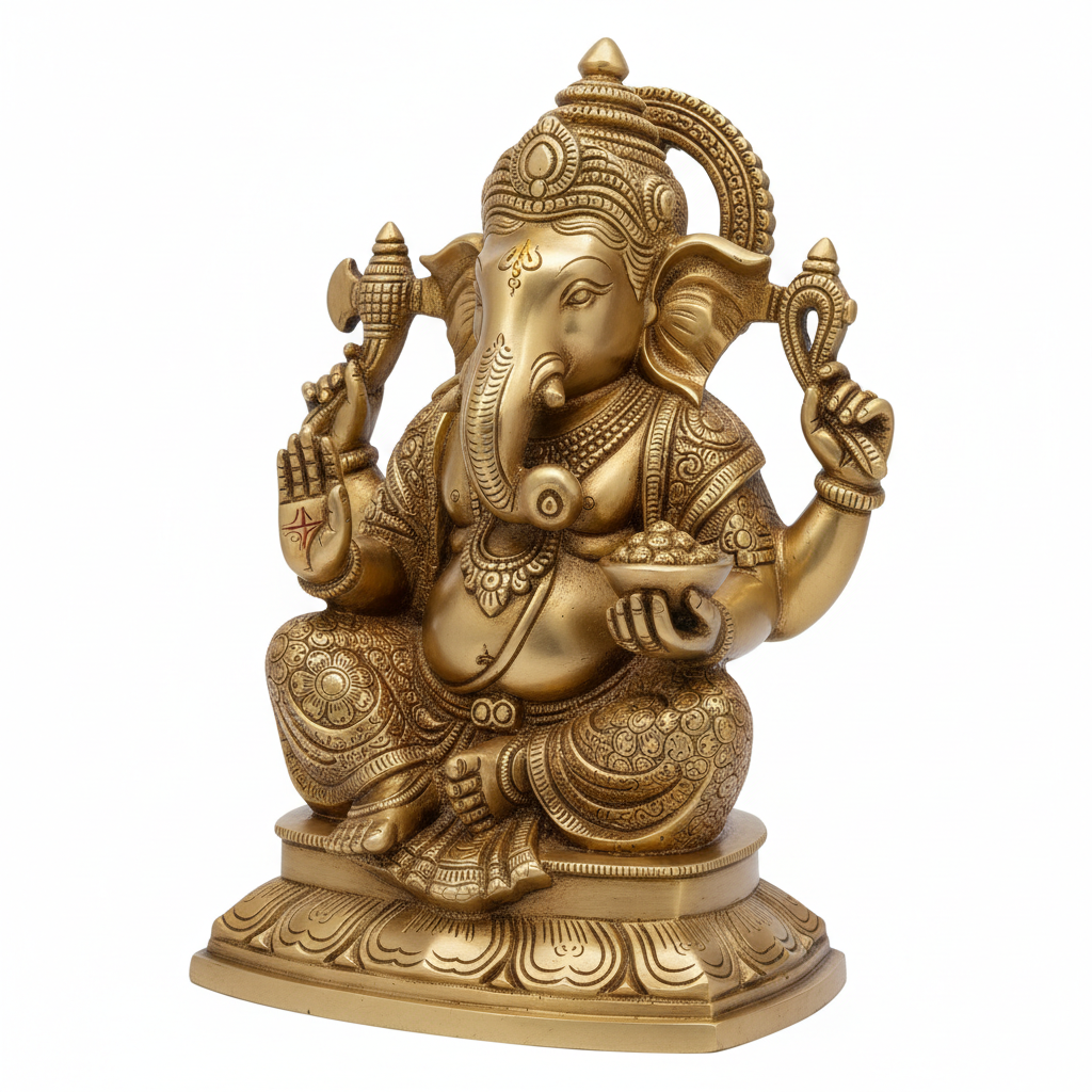 Beautifully handcrafted brass Ganesha idol with intricate traditional detailing and warm golden finish
