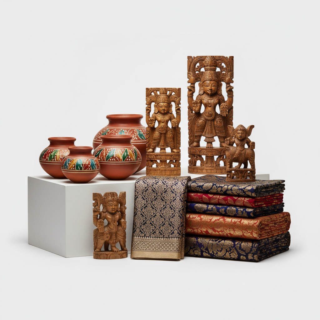 Collection of Indian handicrafts featuring hand-painted pottery, embroidered textiles and carved wooden figurines