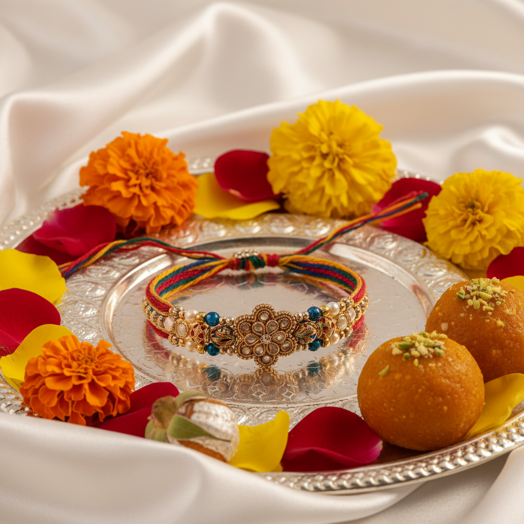 Beautiful traditional Rakhi bracelet with colorful threads and golden beads