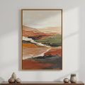 Modern abstract wall art canvas with warm earthy tones in a minimalist wooden frame