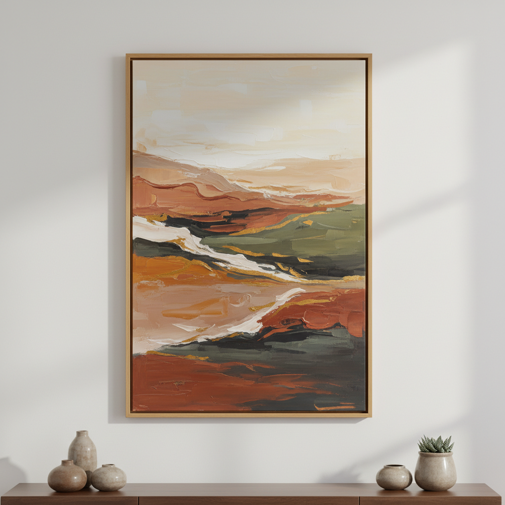 Modern abstract wall art canvas with warm earthy tones in a minimalist wooden frame